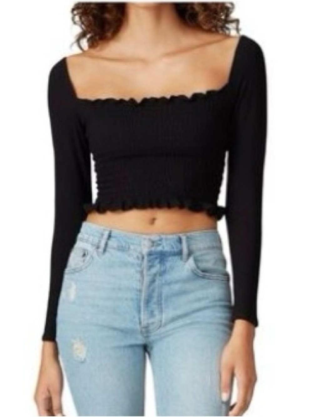 Reformation Jeans Black Ribbed Smocked Off-Shoulder Long Sleeve Crop Top Size S